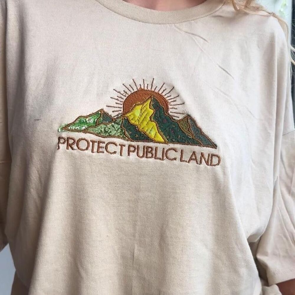 NWT 100% cotton Protect Public Lands mountain patchwork embroidered tan tee